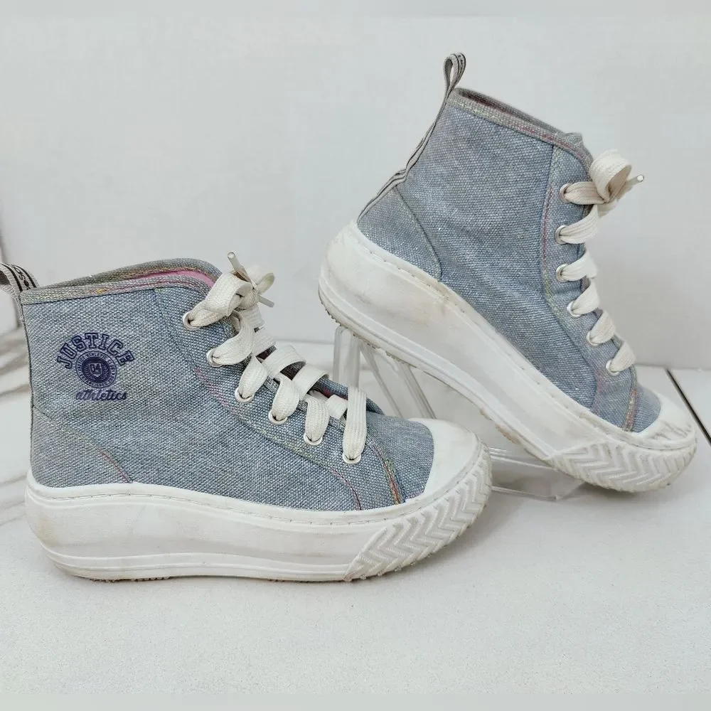 Justice Sport Girls' Sparkly Blue Canvas High Top Platform Sneakers, Sz 2